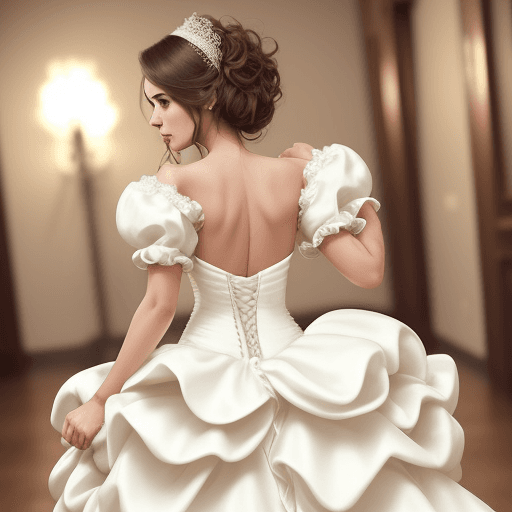 AI generated: cute woman in poofy wedding dress with poofy short shoulder sleeves, big butt