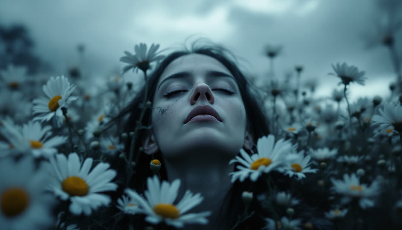 AI generated:  field of daisy flowers, he soft petals of daisies surround, creating a contrast with the darkened s...