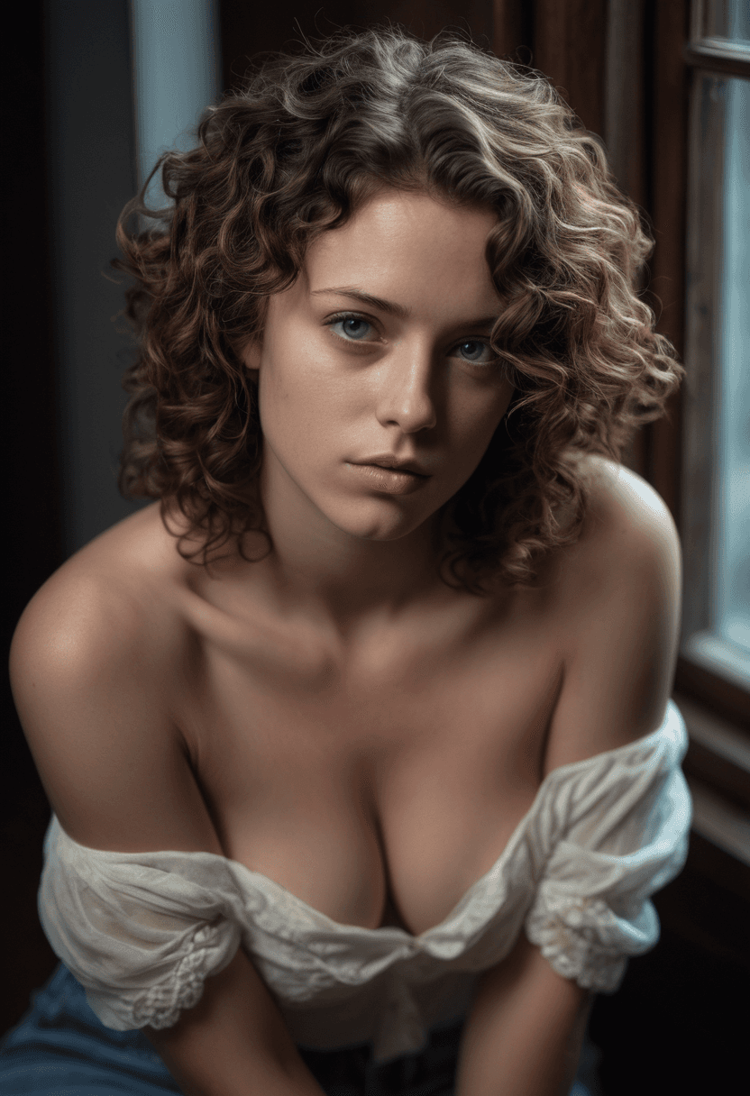 AI generated: This is a high angle, close-up photograph, taken at night, of a beautiful, sensual woman with short,...