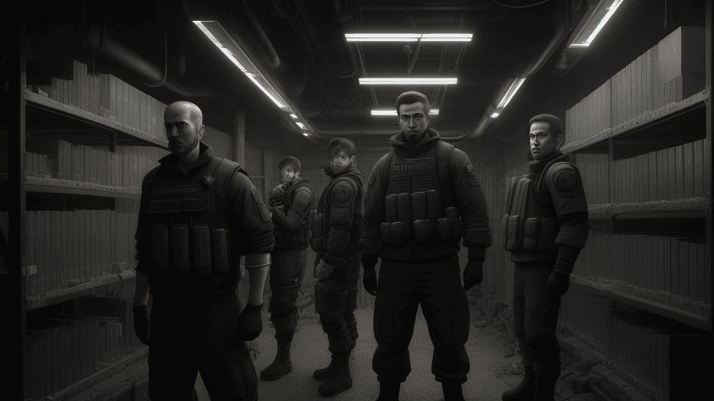 AI generated: Picture Kiro and his team in a dimly lit underground facility. They stand amidst high-tech surveilla...