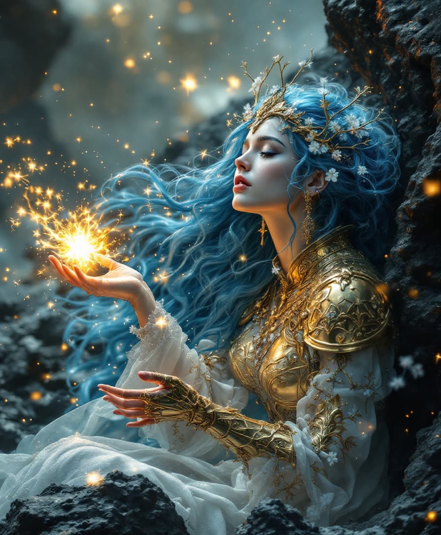 AI generated: 
A battle with glittering blue-blue hair, a magical spell, and golden armor, sent upon a black lava ...