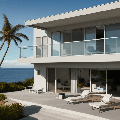 AI generated: Hyper realistic eye level exterior photo of a mid century modern style house overlooking the ocean, ...