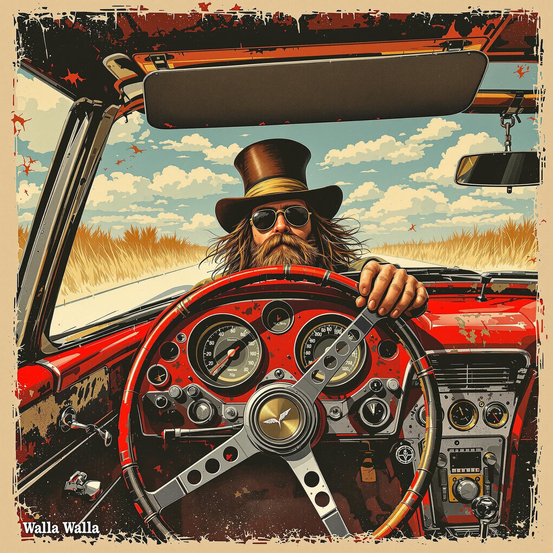 AI generated: Corvette convertable vintage poster,  A hippy driver with a top hatbehind the steering wheel in the ...