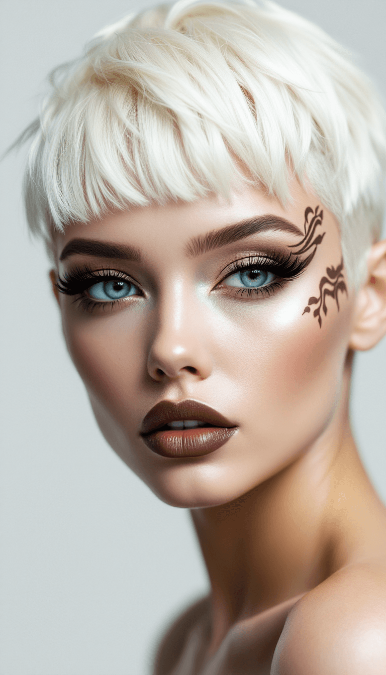 AI generated: a beautiful albino model with an avant-garde haircut, she is looking into the camera, henna pattern ...