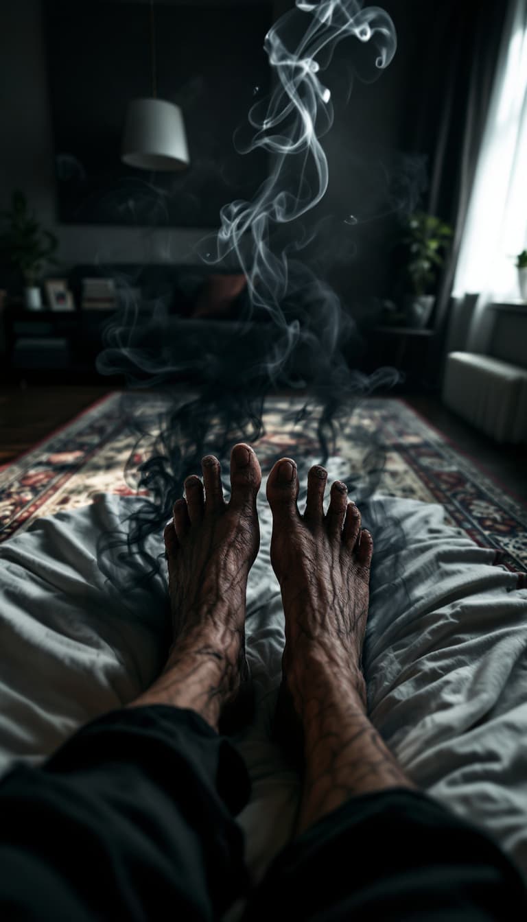 AI generated: POV first-person, I am a jinn lying on my bed. Only my feet are visible in the frame.

My legs are s...