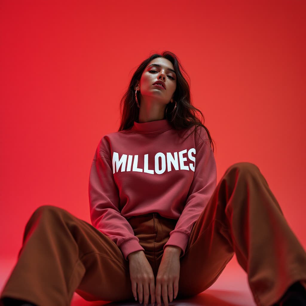 AI generated: wide and low angle, cinematic, fashion photography for the brand Dreamshot. Woman sitting on floor w...