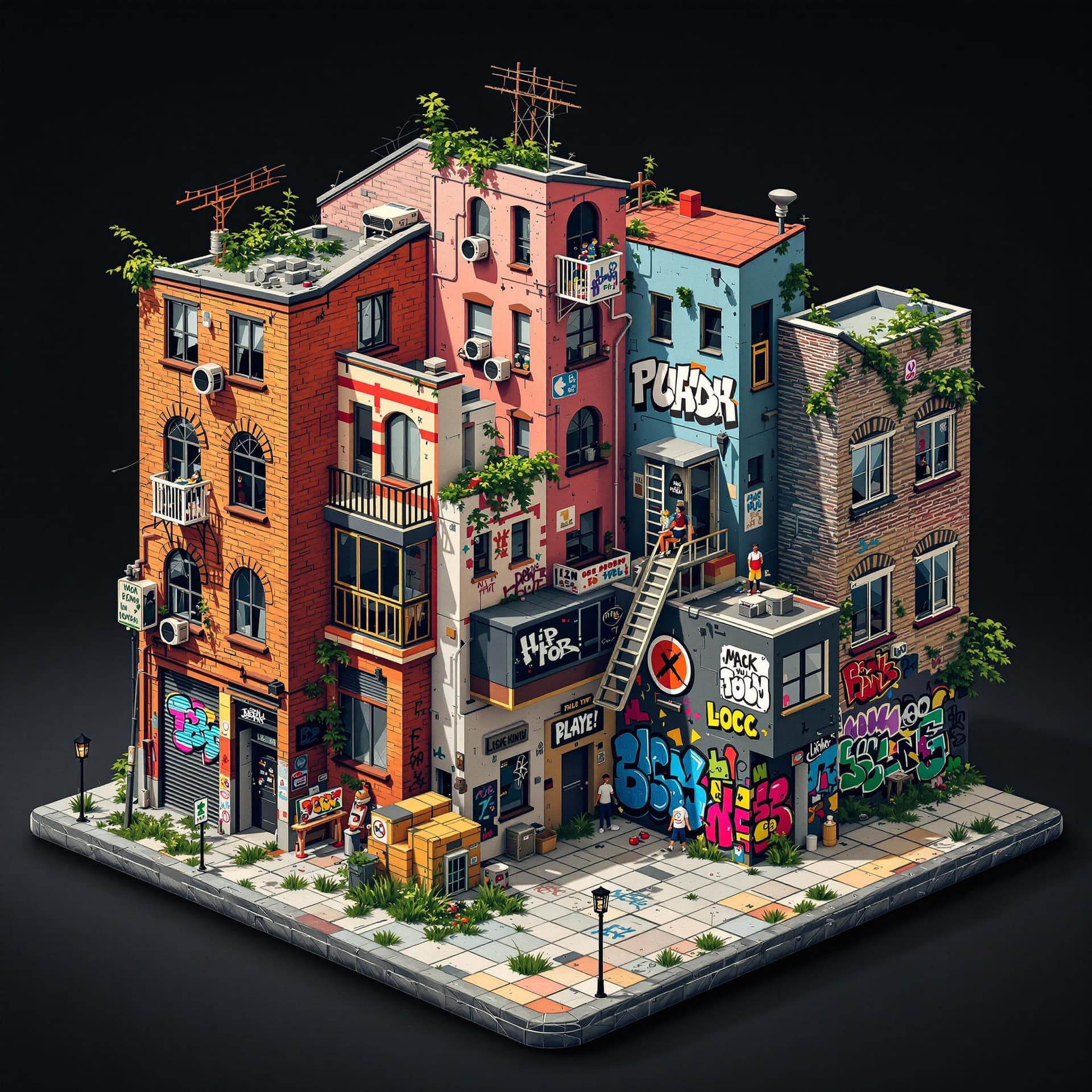 AI generated: 3d illustration hip hop urban buildings and with a little graffiti walls