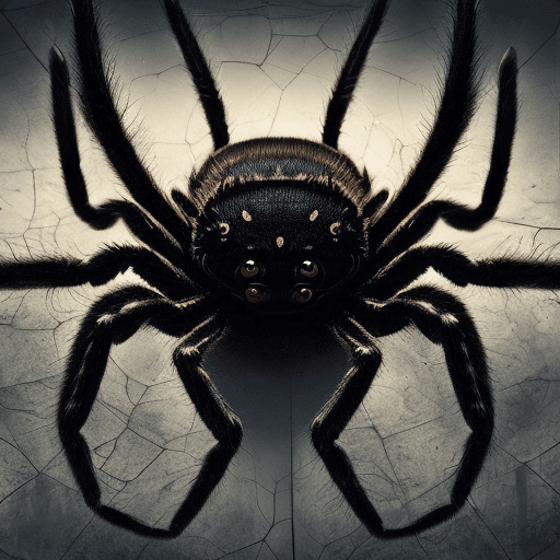 AI generated: haunting creature that looks like a giant spider, side view, reddish eyes, dark room with decoration...