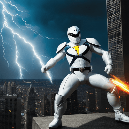 AI generated: A white Power Ranger fighting a monster in the city with lightning HD