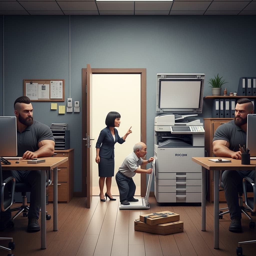 AI generated: Generate a realistic lifelike image of a small office, there are two corner desks opposite eachother...