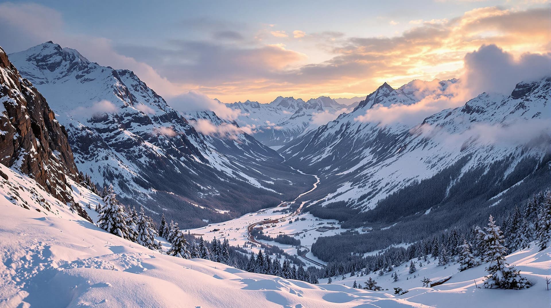 AI generated: snowy valley, with steep mountains around, detailed 4k, view from above, with clouds snowing, sunset...