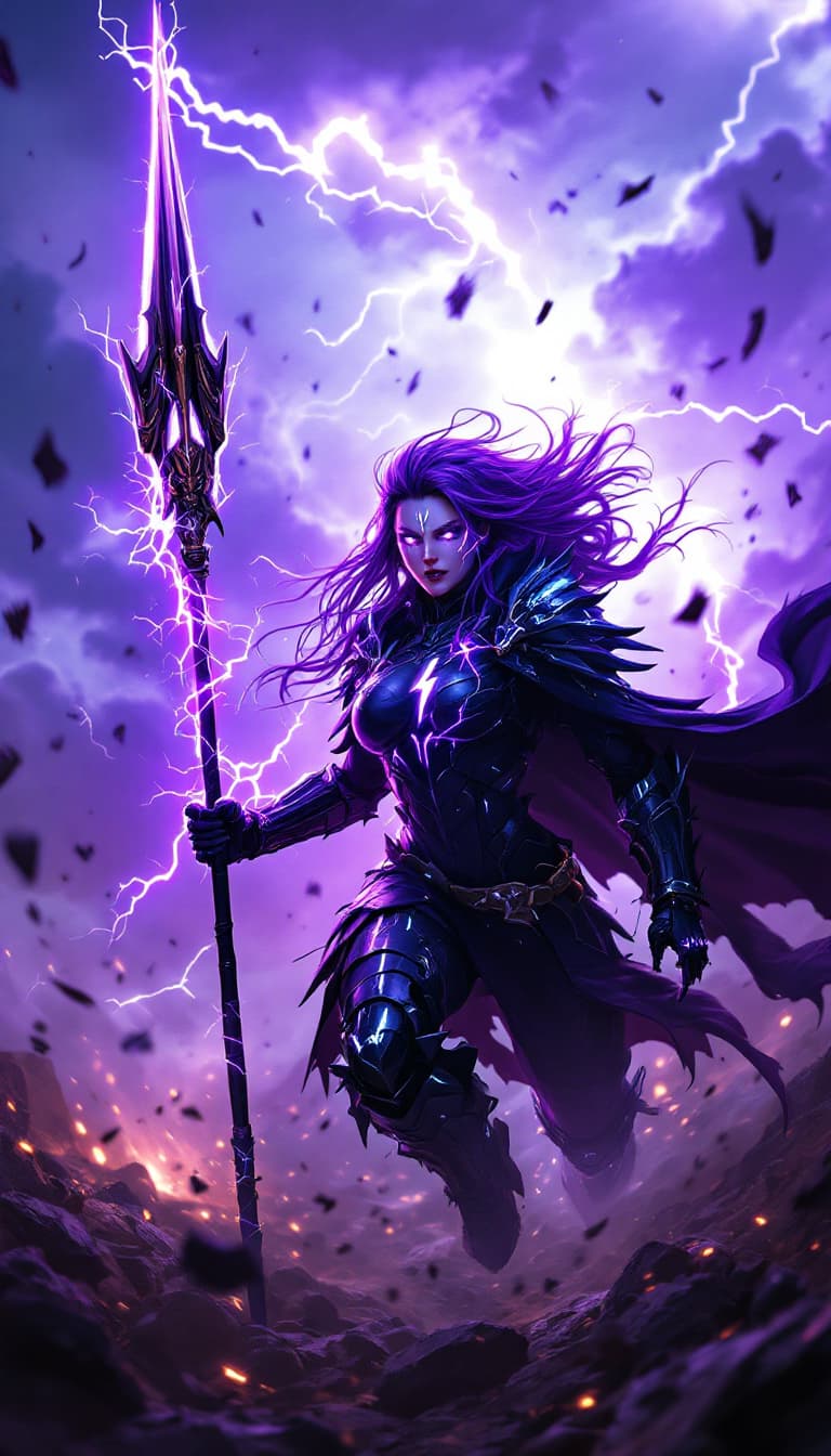 AI generated: A cinematic digital artwork featuring a fierce, female armored figure in a charging and ferocious po...