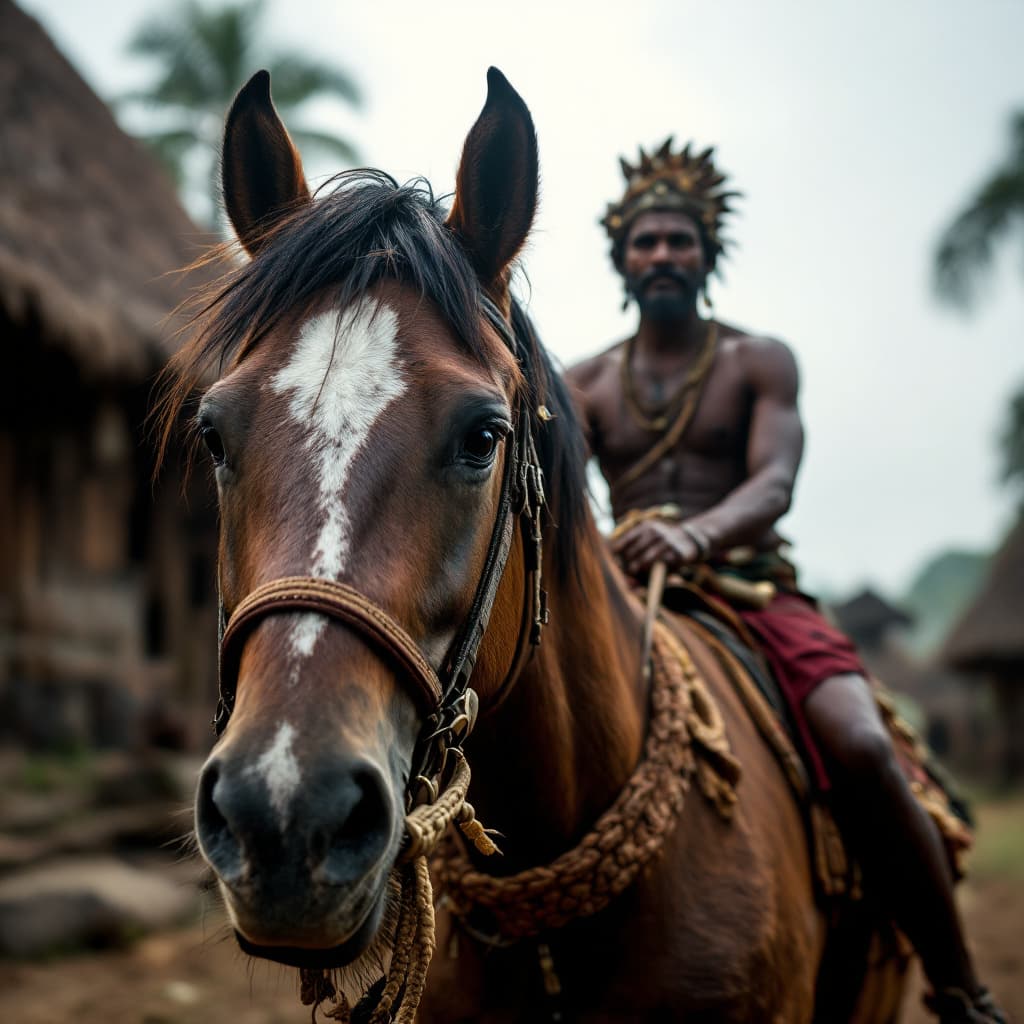 AI generated: An ancient Java man rides his horse towards the camera.
