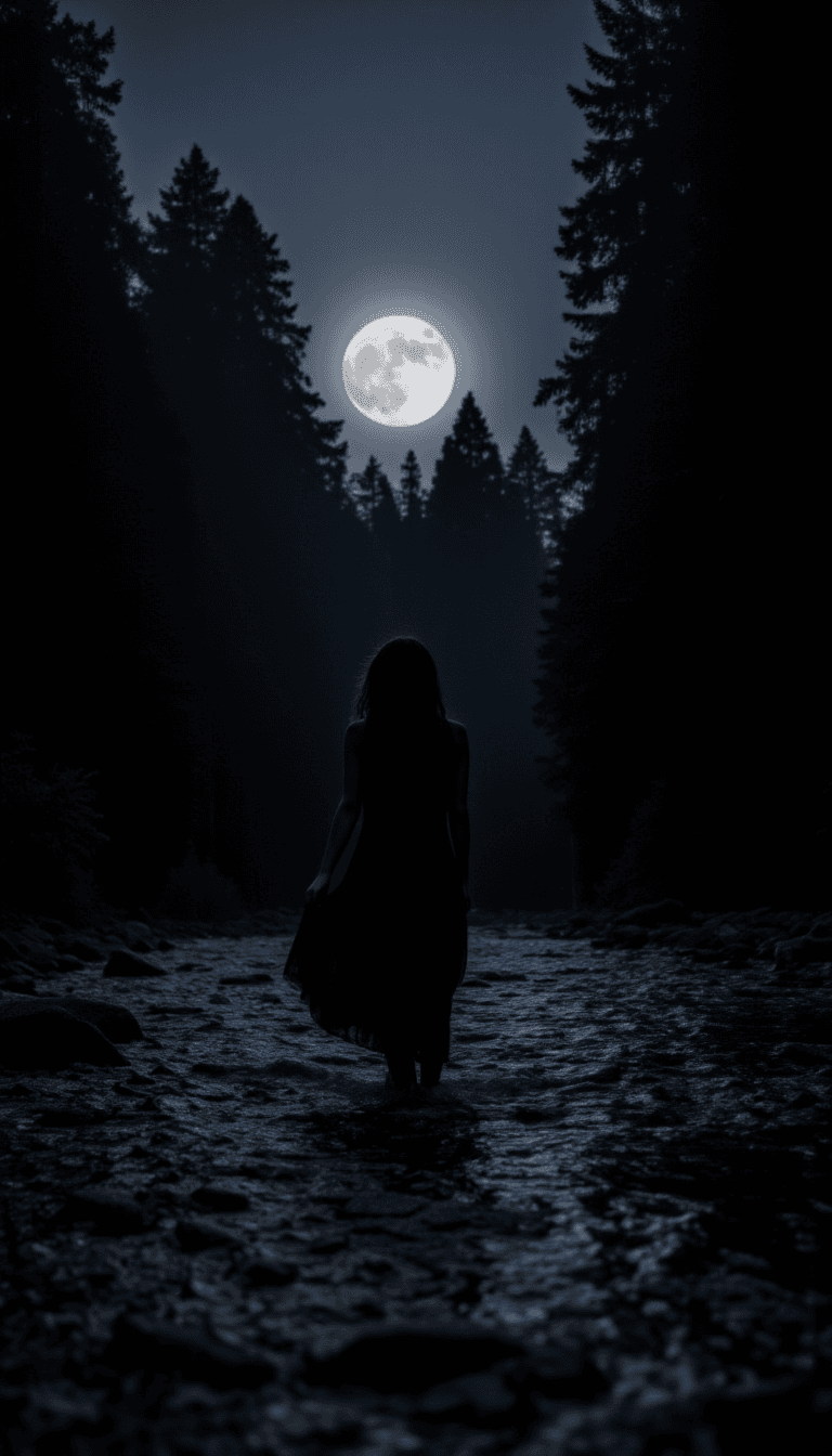 AI generated: photograph of a dark night, full moon, woman walks away from the viewer in a forest stream, wearing ...