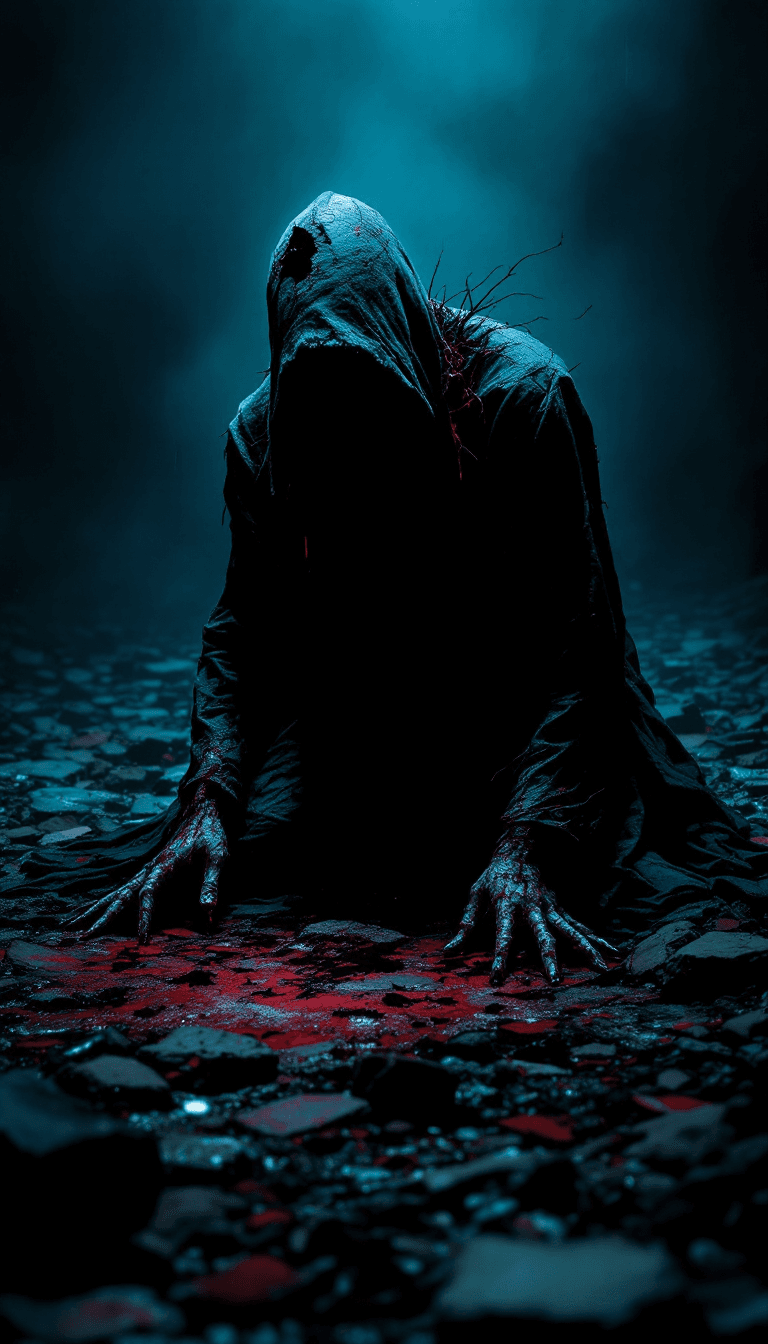AI generated: alone in the darkness, broken, kneeling and looking down, full body, no face, (psychopathic:0.8) , b...