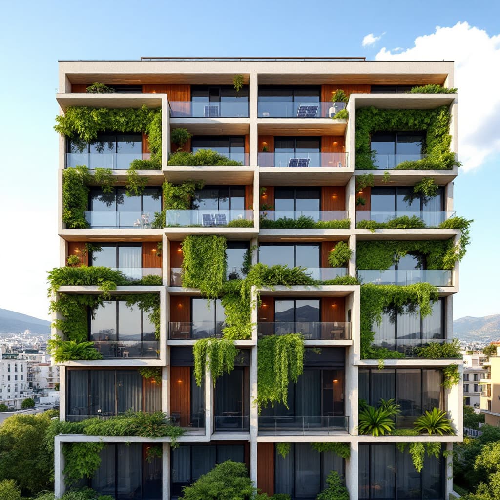 AI generated: An athenian block of buildings in Greece where there are vertical solar panels forming different geo...