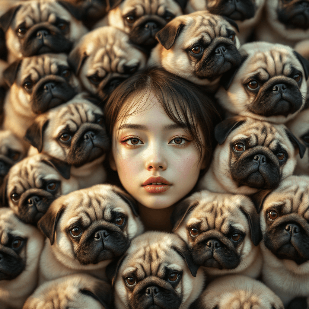 AI generated: a girl's face in the middle of many pug dog face, in the style of chinapunk, iconic album covers, so...