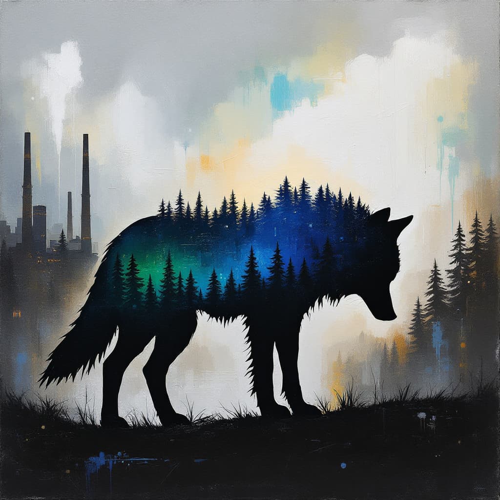 AI generated: oil painting, cardboard like silhouette of a wolf, head down, low tail, dramatic background, Pollock...