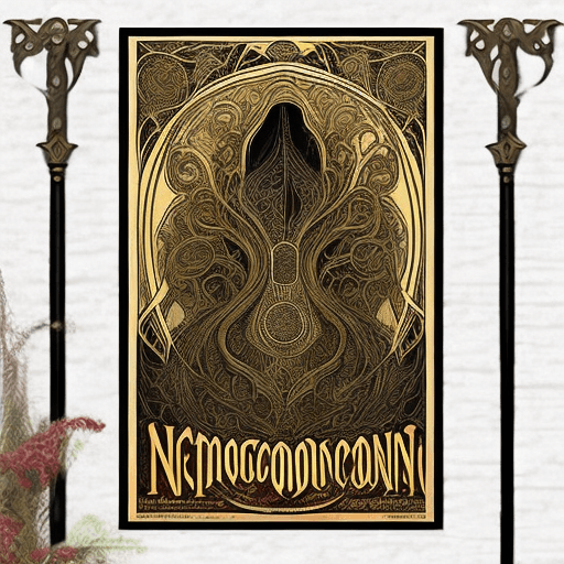 AI generated: art nouveau poster of the Necronomicon by Lovecraft, ornate tapestry illustration, wall hanging, dra...