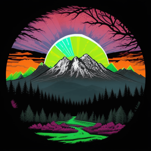 AI generated: A vivid landscape painting, with mountains, trees, vector, tshirt illustration, by Andreas Vesalius,...