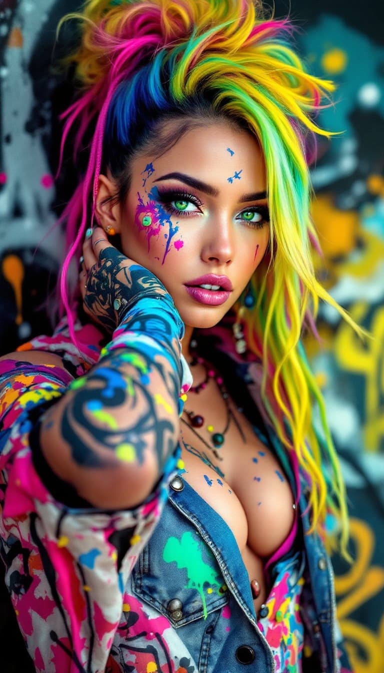 AI generated: An ultra-realistic, full-body portrait of a mesmerizing graffiti artist woman, her pose both dynamic...