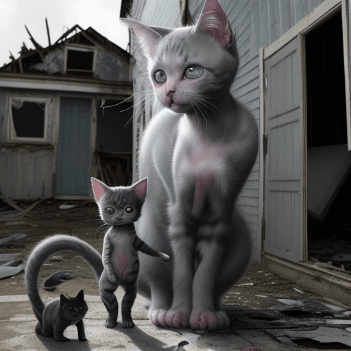 AI generated: Create an image featuring a thin, very ugly kitten and its mother standing in front of a severely di...