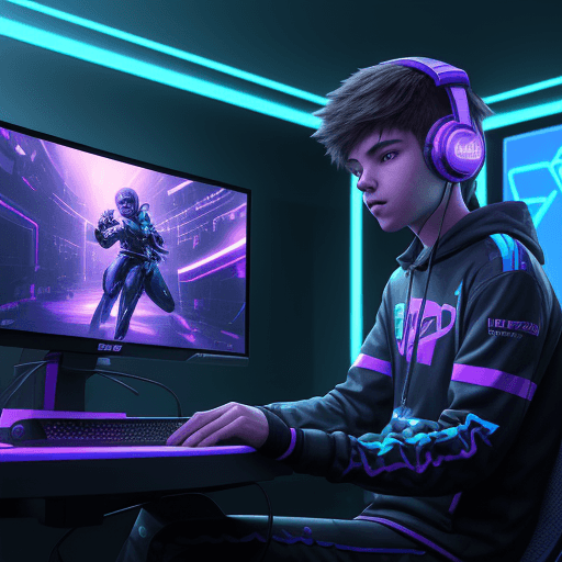 AI generated: Create a realistic photo of a young esports player sitting in front of a computer in a modern gaming...