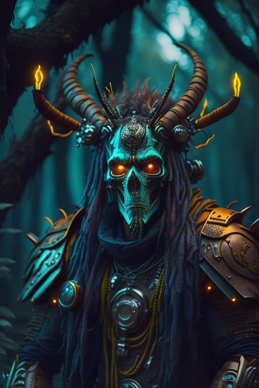 AI generated: a professional photo of a (cyberpunk shaman:1.2) with shaman attributes and (scull mask:1.1), (mecha...