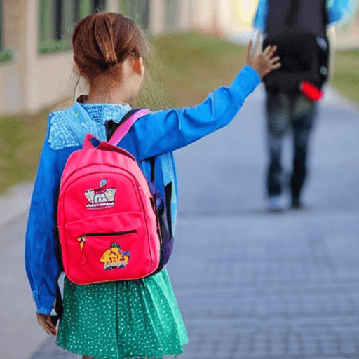 AI generated: a cute girl with schoolbag goes to school,she is very happy