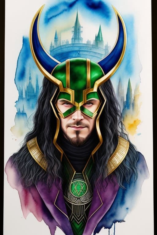 AI generated: Best quality, surrealist, maximalist, (pen and watercolor painting:1.2) I am Loki of Asgard, and I a...