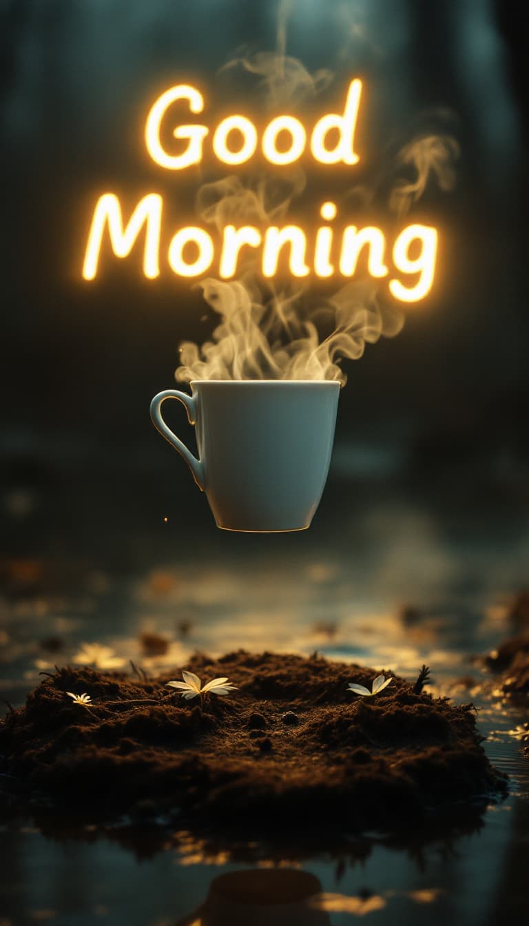 AI generated: A coffee cup hovers unnaturally in midair over a dry patch surrounded by thick, swampy water. The st...