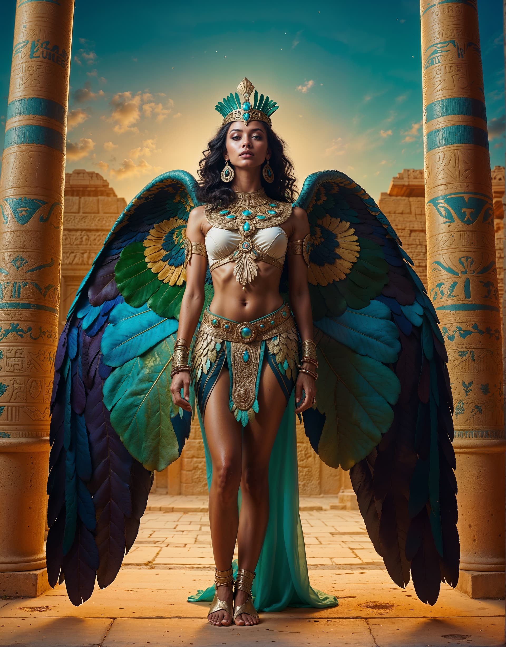 AI generated: A mythical Egyptian with spreading arms with glowing glittery intricate sparkly green (leaf) wings, ...