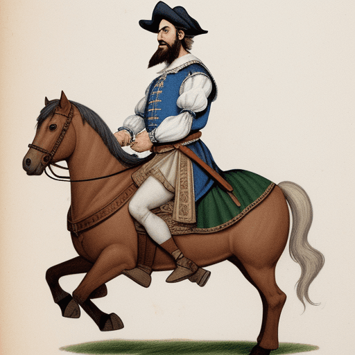 AI generated: Drawing for children's comic of a 16th century Spaniard, thin and bearded, with a cap and ruff, ridi...