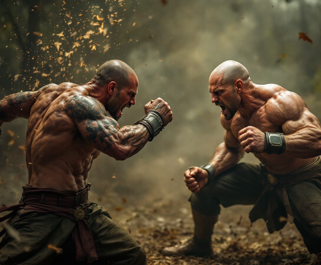 AI generated: Create a full length photorealistic, cinematic still image of 2 white men fighting, use a high-end m...