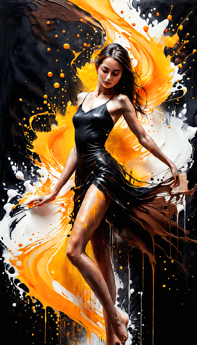 AI generated: An painting of beautiful woman in black dress with abstract painting splash, dark background. Artist...