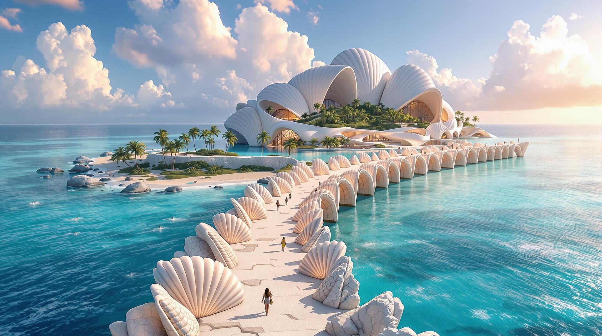 AI generated:  a long fictional bridge,made of giant seashells and pearl with arches complex architecture, leading...