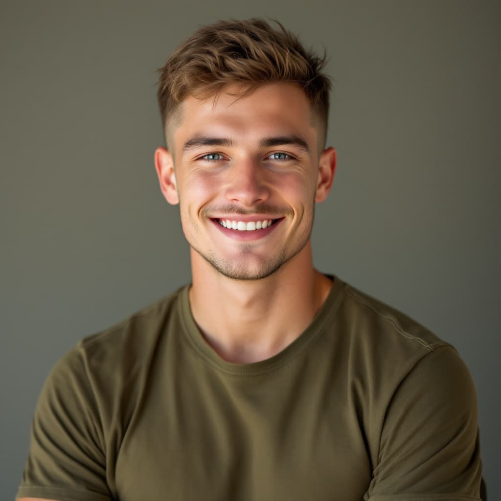 AI generated: Crisp photo of a 23-year-old white American man, light brown crew cut, strong jaw, smiling slightly,...