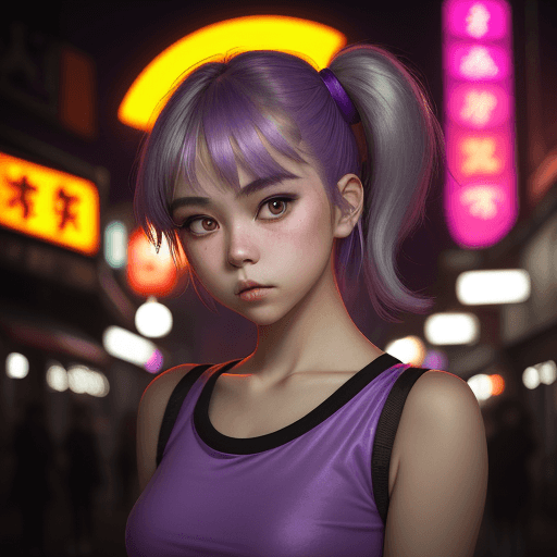 AI generated: a girl in a purple top in a neon city, in the style of chinapunk, iconic album covers, soft-focus po...