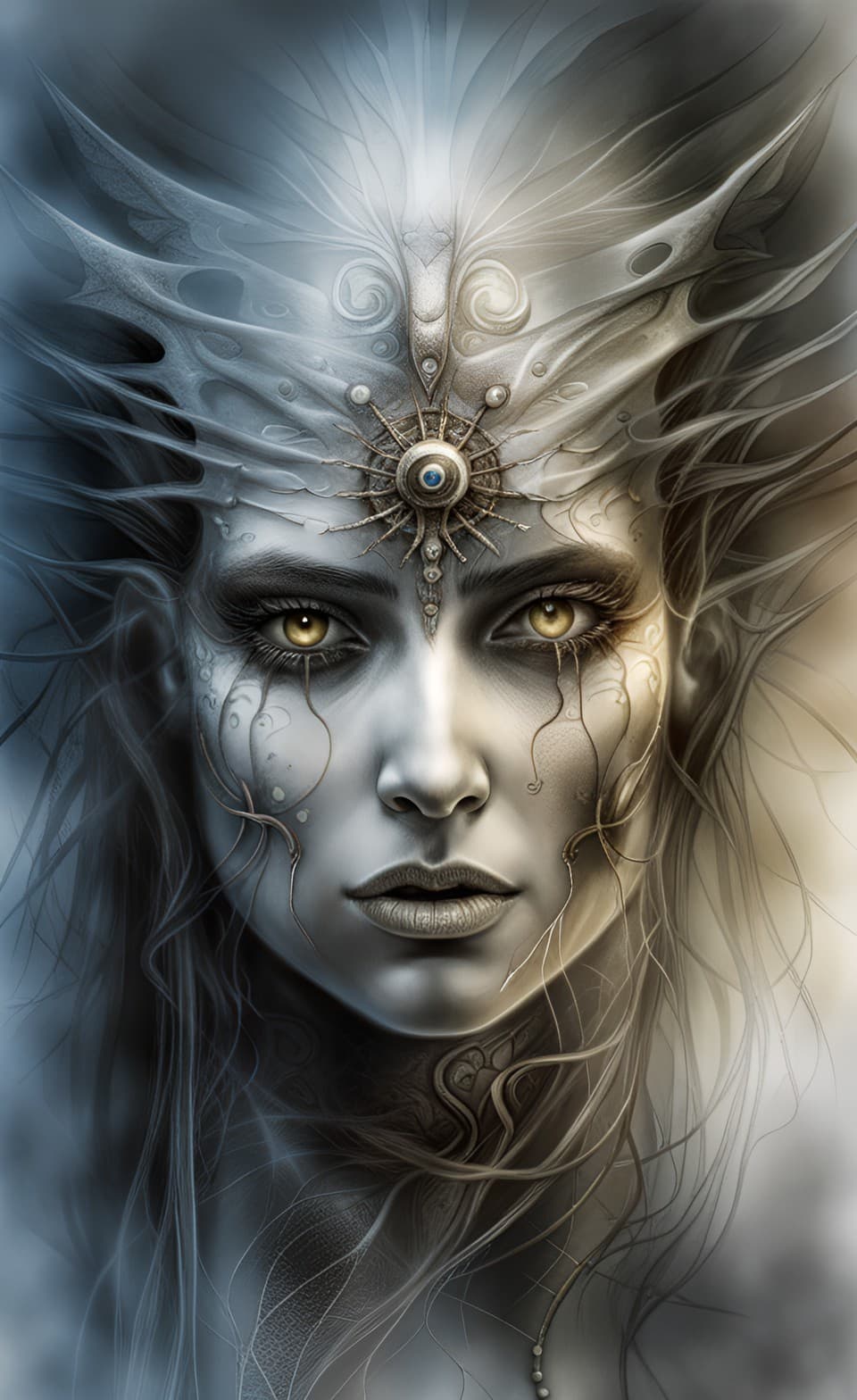 AI generated: ((a portrait)) in the (fantasy style of luis royo and H.R Giger)), of an ancient female ethereal oth...