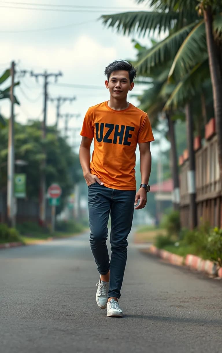 AI generated: realistic 4D illustration, seorang pria Indonesia, 20 tahun, memakai kaos berwarna biru dengan tulis...