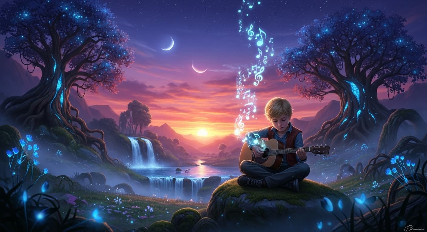 AI generated: Magical twilight landscape in a hyper-realistic fantasy style, a blond boy sits and plays a guitar, ...