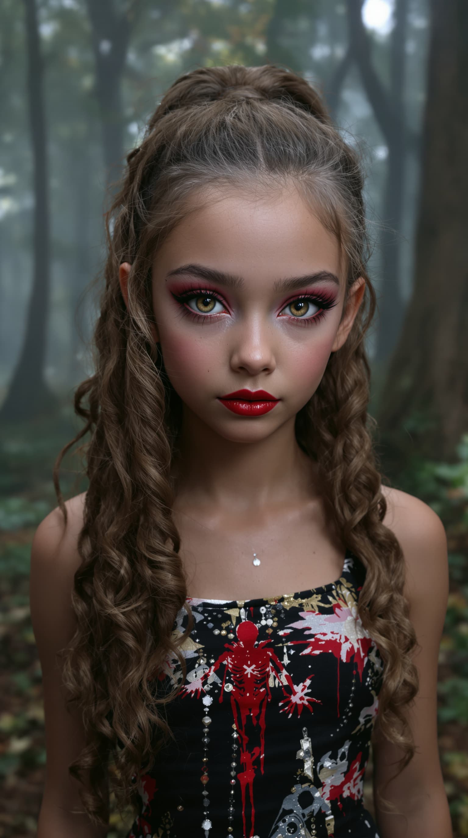 AI generated: A professional photograph of an extraordinarily beautiful eleven-year-old girl with an evil aura, ca...