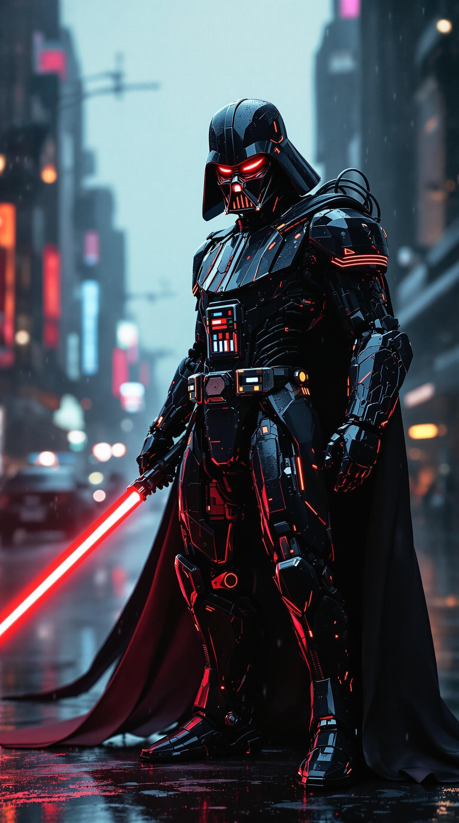 AI generated: super close up portrait of mecha  darth vader posing in a dystopian city in the rain  , hyper detail...