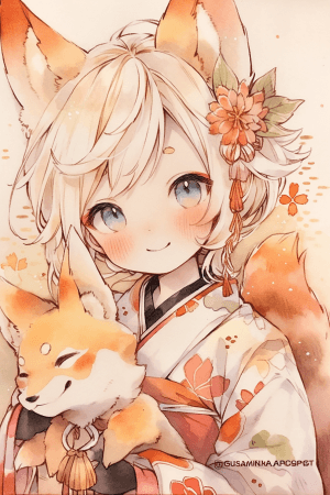 AI generated: Headshot of an anime playful kitsune girl wearing golden-brown and vibrant orange robes with fluffy ...