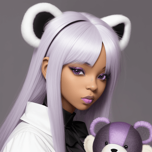 AI generated: A beautiful white black anime woman with purple and white hair and teddy bear ears



