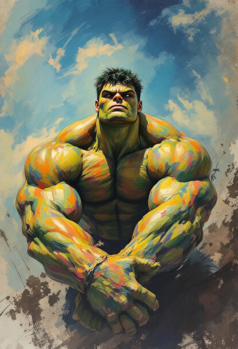 AI generated: Portrait tilted at 45 degrees, dynamic pose, Hulk, Art Nouveau, Neo-Impressionism, charcoal illustra...