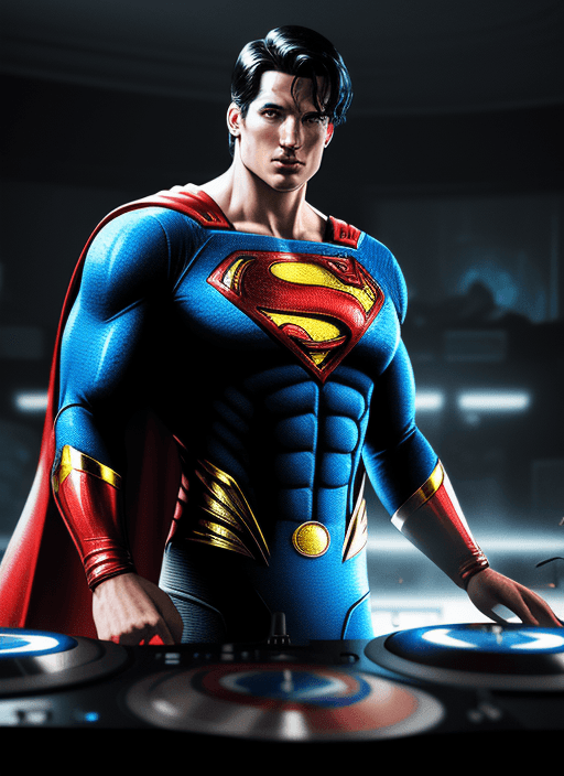 AI generated: illustration superhero character, superman member avenger, comic style , superman as a dj party, sta...