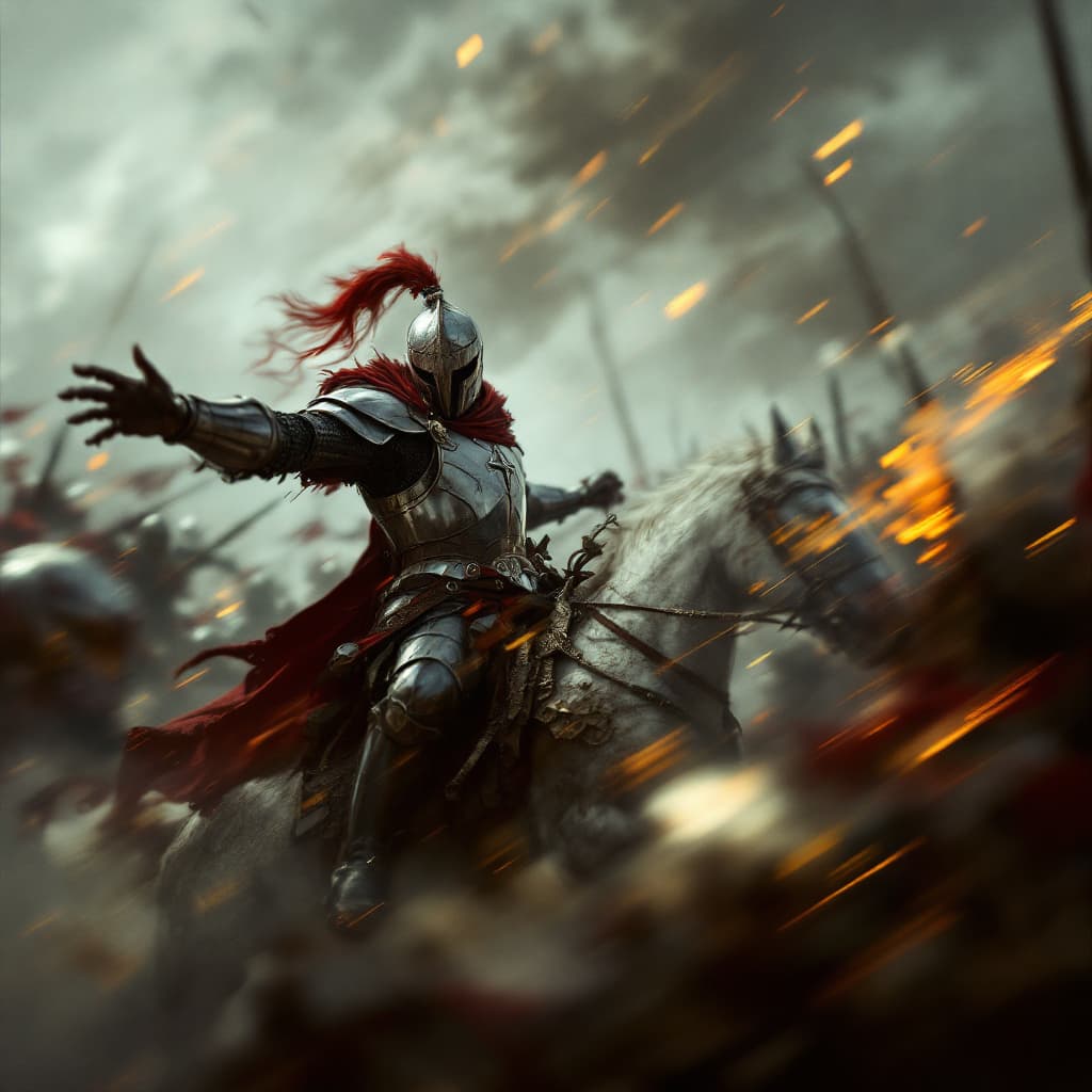 AI generated: Close-up combat, dynamic epic action pose, motion blur effect; cavalry knight amidst the battlefield...