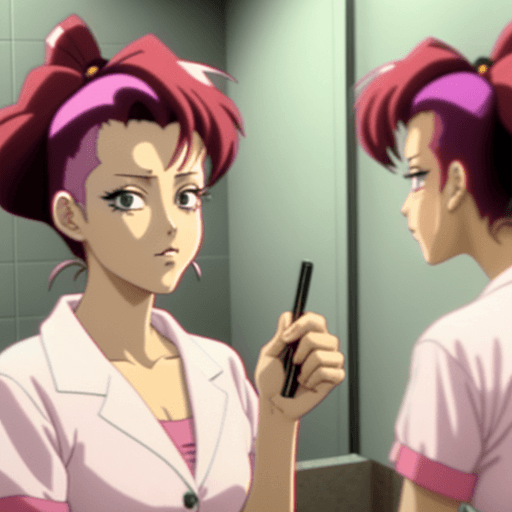 AI generated: 1990s, faded anime screenshot, young crazy woman, putting on make up in a public bathroom
