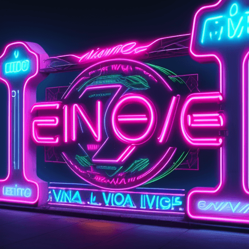AI generated: "neon images of a neon illuminated sign with the text 'RODRIGO VEIGA' and a GIANT ELECTROHITS symbol...